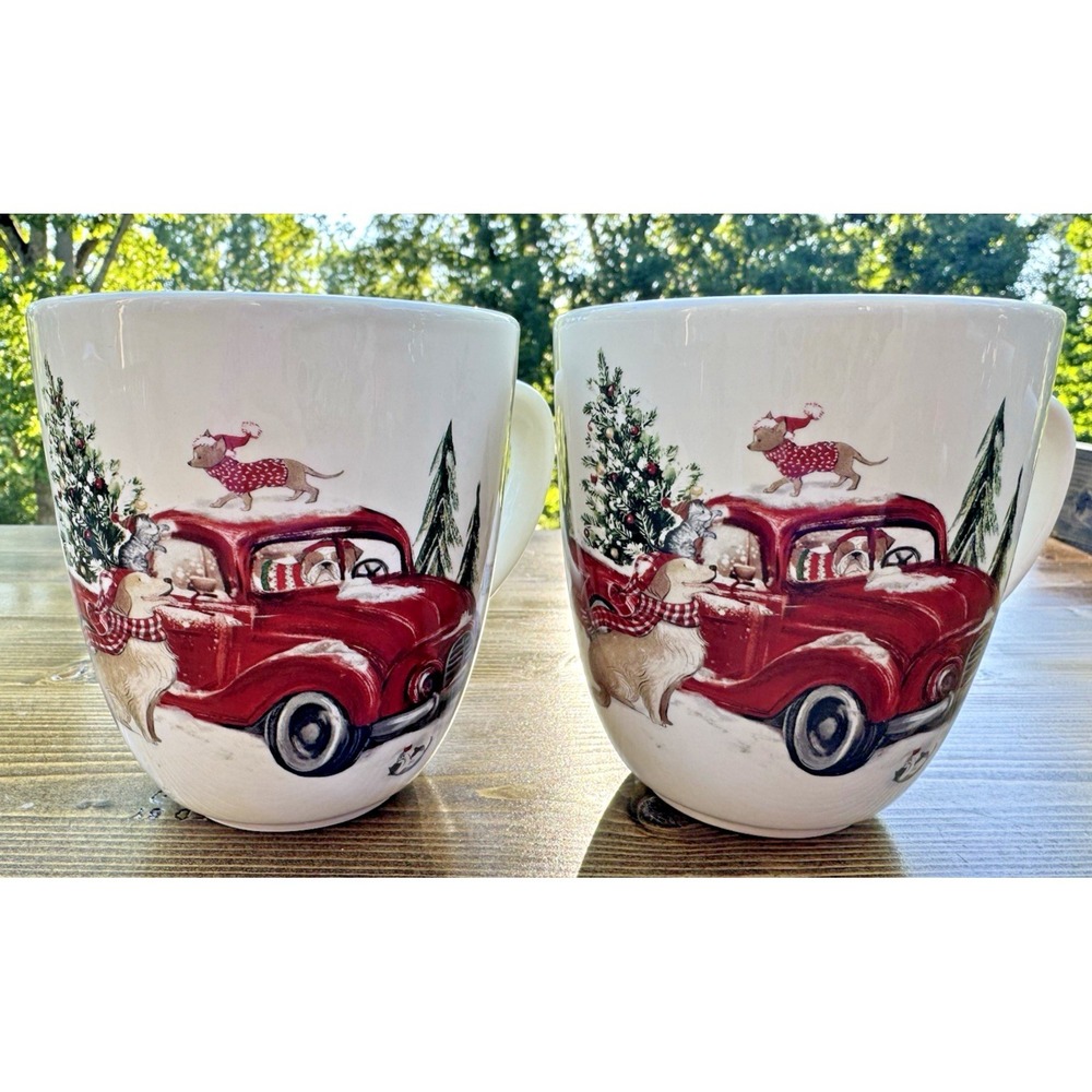 Pier 1 Winter Wonders Christmas Red Truck Dogs Cats‎ Mug Set 2 Ironstone